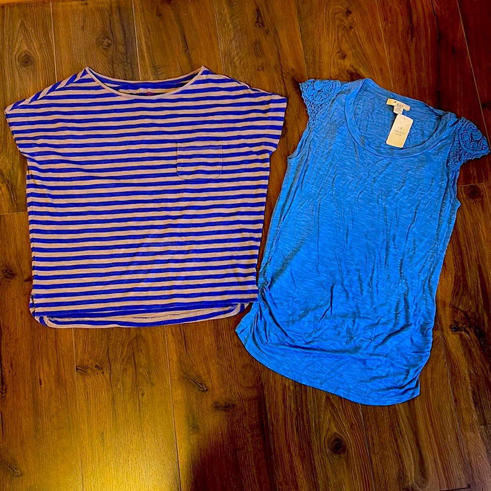 Two casual tees sz Small, Striped blue and khaki tee, Blue tee with lace sleeve